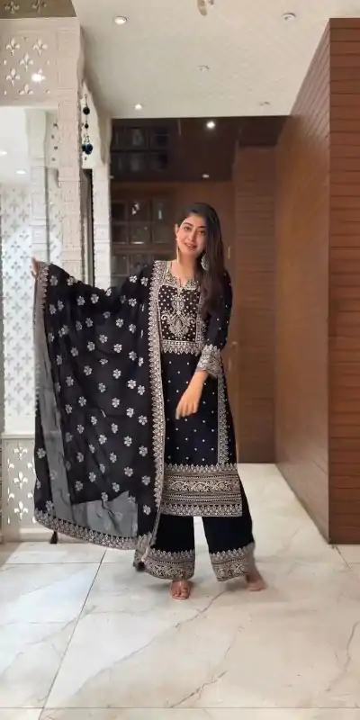 SRK 5156 Black Color Pure Chinnon Silk Embroidery Sequence Salwar Suit Wedding, Party, Festive, Events Expected Delivery 4-6 Working Days @ 2149/- | Jump Suits, Casual Suits, Creative suits, Designer Suits, Palazzo Suits, Party Wear Suits, Patiala Suits, Salwar suit, Straight Suits
