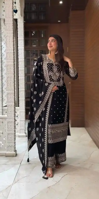 SRK 5156 Black Color Pure Chinnon Silk Embroidery Sequence Salwar Suit Wedding, Party, Festive, Events Expected Delivery 4-6 Working Days @ 2149/- | Jump Suits, Casual Suits, Creative suits, Designer Suits, Palazzo Suits, Party Wear Suits, Patiala Suits, Salwar suit, Straight Suits