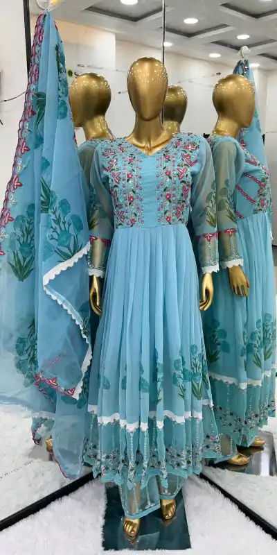 NSR 813 Blue Color Georgette Embroidery Sequence Gown Casual, Wedding, Festive Party Wear, Events Expected Delivery 4-6 Working Days @2149/- | Bollywood Gowns, Creative Gowns, Designer Gowns, Embroidered Gowns, Gowns, Party Wear Gowns