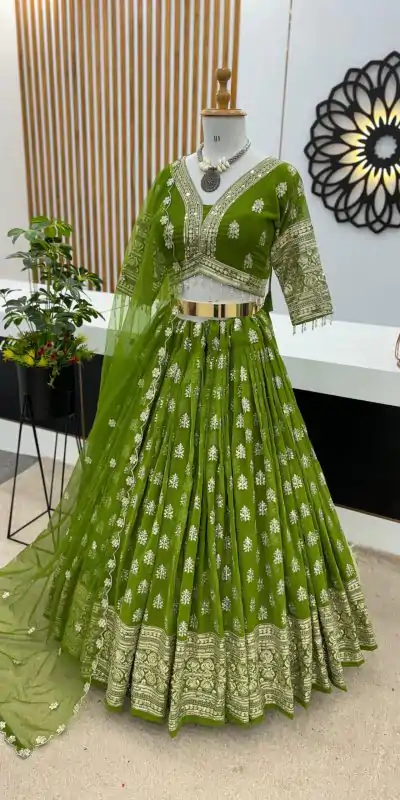 ZSR 3070 Green Color Georgette Embroidery Sequence Lehenga Choli Wedding, Party, Events Etc. Expected Delivery 4-6 Working Days 2149/- | Bollywood Lehenga, Creative Lehenga, Designer Lehenga, Embroidered Lehenga, Lehenga, Party Wear Lehenga