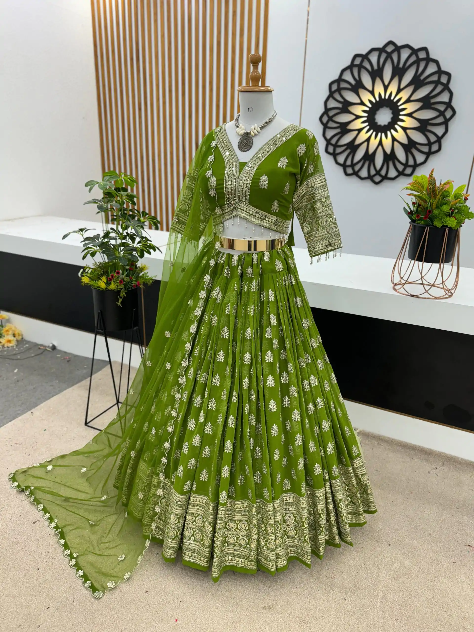 ZSR 3070 Green Color Georgette Embroidery Sequence Lehenga Choli Wedding, Party, Events Etc. Expected Delivery 4-6 Working Days 2149/- | Bollywood Lehenga, Creative Lehenga, Designer Lehenga, Embroidered Lehenga, Lehenga, Party Wear Lehenga