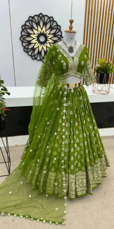ZSR 3070 Green Color Georgette Embroidery Sequence Lehenga Choli Wedding, Party, Events Etc. Expected Delivery 4-6 Working Days 2149/- | Bollywood Lehenga, Creative Lehenga, Designer Lehenga, Embroidered Lehenga, Lehenga, Party Wear Lehenga
