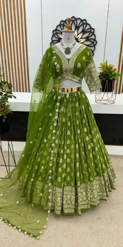 ZSR 3070 Green Color Georgette Embroidery Sequence Lehenga Choli Wedding, Party, Events Etc. Expected Delivery 4-6 Working Days 2149/- | Bollywood Lehenga, Creative Lehenga, Designer Lehenga, Embroidered Lehenga, Lehenga, Party Wear Lehenga