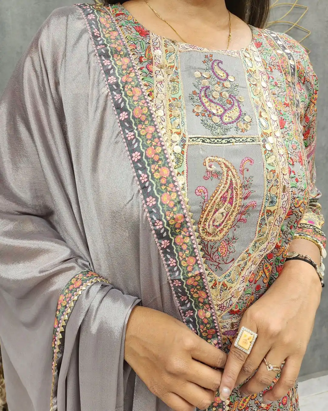 LG 1856 Grey color Maslin Printed And Coin Work Salwar Suit Casual, Wedding, Party, Festive, Events . Expected Delivery  4-6 Working Days @1899/- | Casual Suits, Creative suits, Designer Suits, Palazzo Suits, Party Wear Suits, Patiala Suits, Salwar suit, Straight Suits