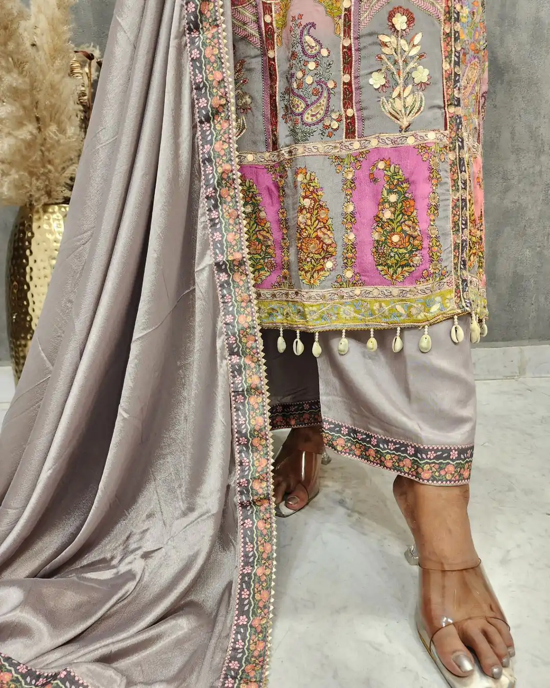 LG 1856 Grey color Maslin Printed And Coin Work Salwar Suit Casual, Wedding, Party, Festive, Events . Expected Delivery  4-6 Working Days @1899/- | Casual Suits, Creative suits, Designer Suits, Palazzo Suits, Party Wear Suits, Patiala Suits, Salwar suit, Straight Suits
