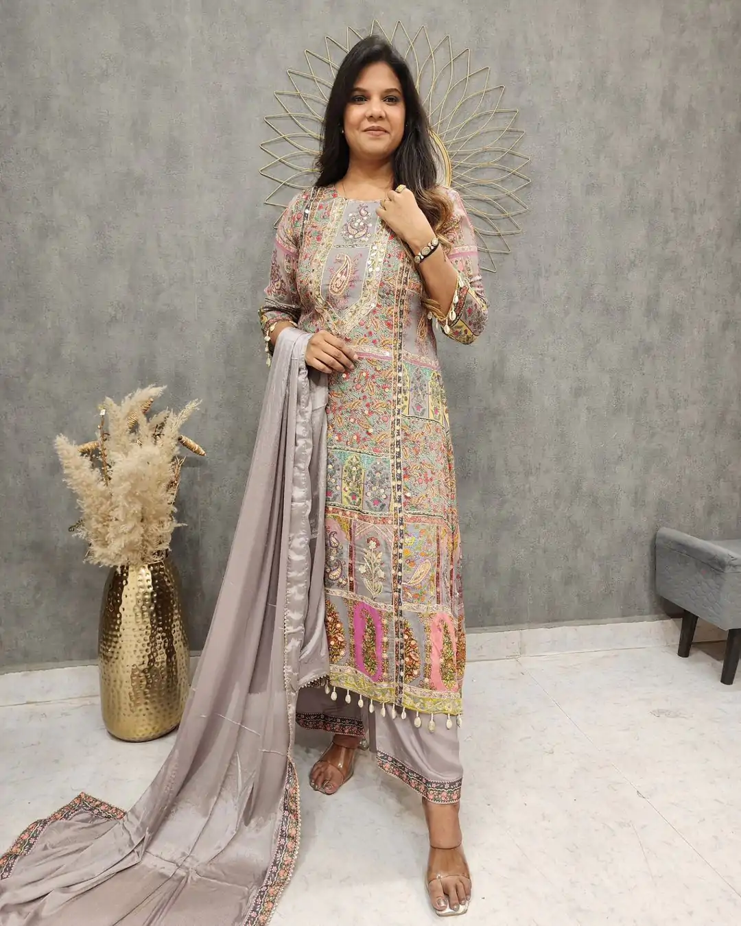 LG 1856 Grey color Maslin Printed And Coin Work Salwar Suit Casual, Wedding, Party, Festive, Events . Expected Delivery  4-6 Working Days @1899/- | Casual Suits, Creative suits, Designer Suits, Palazzo Suits, Party Wear Suits, Patiala Suits, Salwar suit, Straight Suits