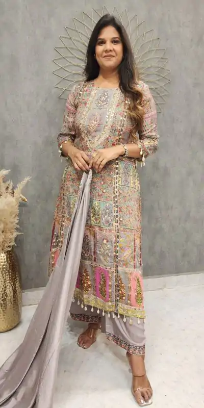 LG 1856 Grey color Maslin Printed And Coin Work Salwar Suit Casual, Wedding, Party, Festive, Events . Expected Delivery 4-6 Working Days @1899/- | Casual Suits, Creative suits, Designer Suits, Palazzo Suits, Party Wear Suits, Patiala Suits, Salwar suit, Straight Suits