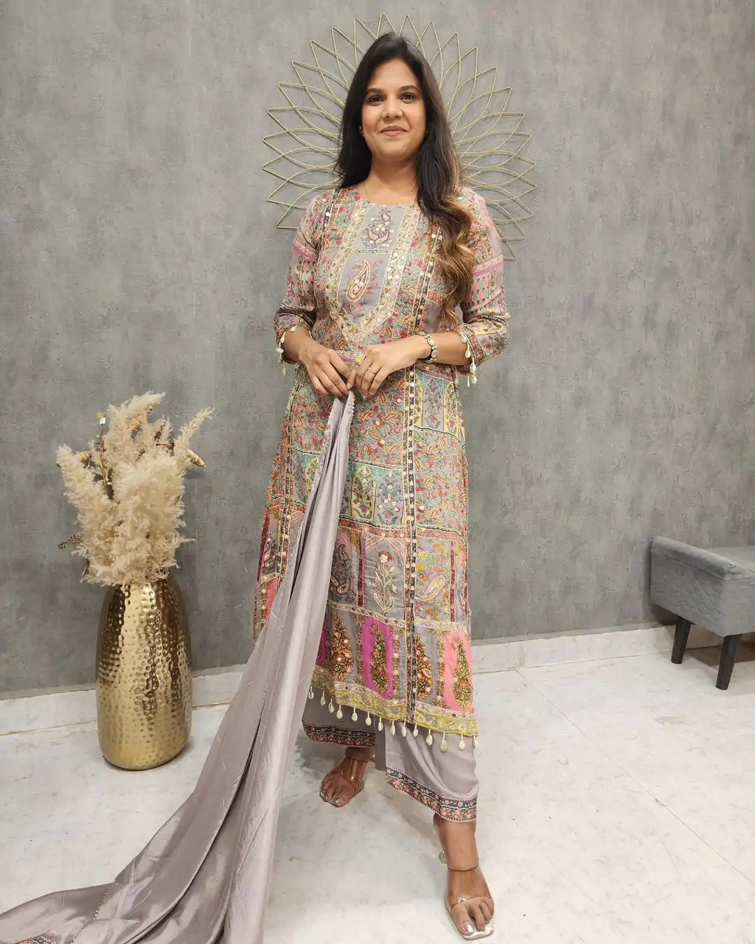 LG 1856 Grey color Maslin Printed And Coin Work Salwar Suit Casual, Wedding, Party, Festive, Events . Expected Delivery  4-6 Working Days @1899/- | Casual Suits, Creative suits, Designer Suits, Palazzo Suits, Party Wear Suits, Patiala Suits, Salwar suit, Straight Suits