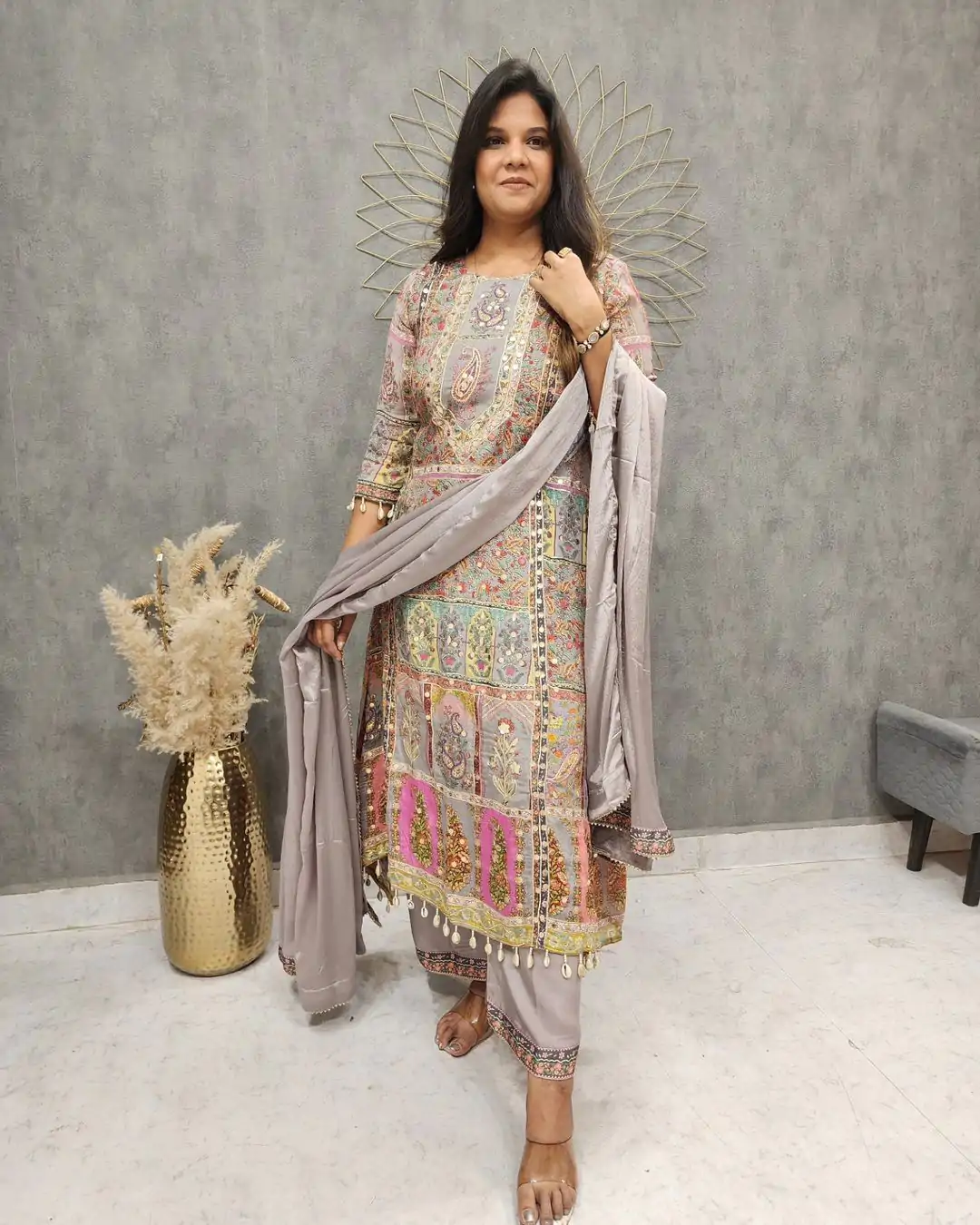 LG 1856 Grey color Maslin Printed And Coin Work Salwar Suit Casual, Wedding, Party, Festive, Events . Expected Delivery  4-6 Working Days @1899/- | Casual Suits, Creative suits, Designer Suits, Palazzo Suits, Party Wear Suits, Patiala Suits, Salwar suit, Straight Suits