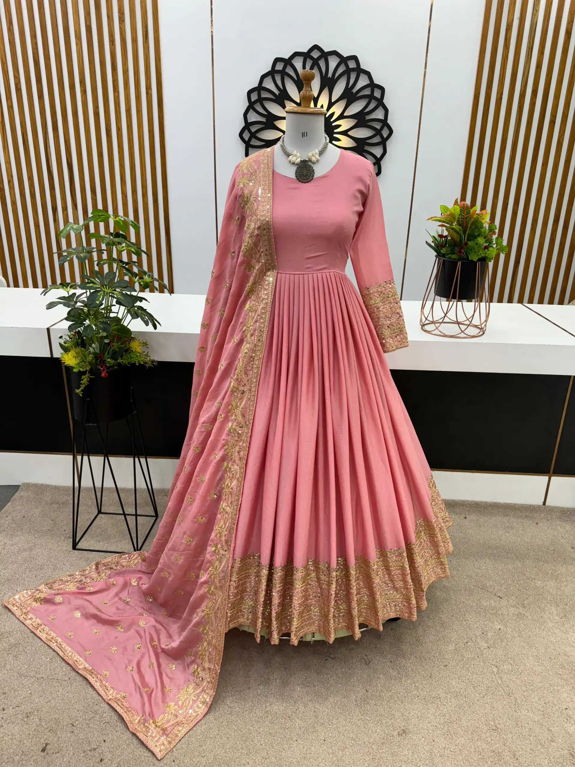 ZF 372 Peach Color Heavy Chinon Silk Embroidery Sequence Work Gown Casual, Wedding, Party, Festive, Events Etc. Expected Delivery 4-6 Working Days @2049/- | Bollywood Gowns, Creative Gowns, Designer Gowns, Embroidered Gowns, Gowns, Party Wear Gowns