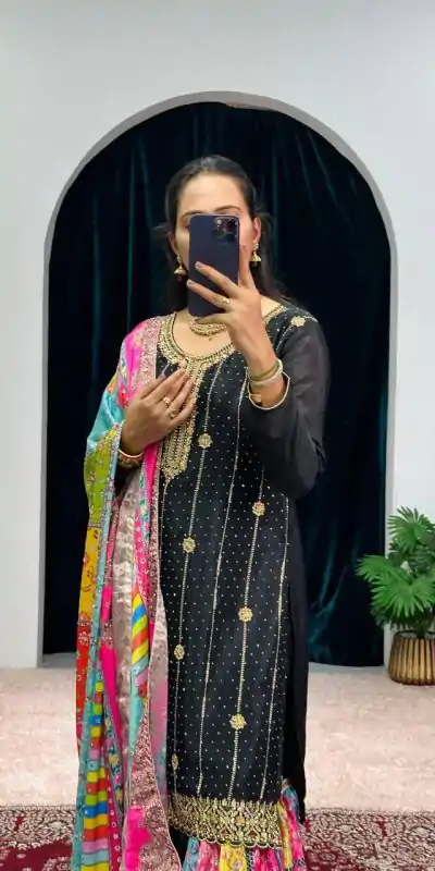 ST 1046 Black Color Chinon Embroidery Work Salwar Suit Casual, Wedding, Party, Festive, Events Etc. Expected Delivery 4-6 Working Days @2399/- | Jump Suits, Casual Suits, Creative suits, Designer Suits, Palazzo Suits, Party Wear Suits, Patiala Suits, Salwar suit, Straight Suits