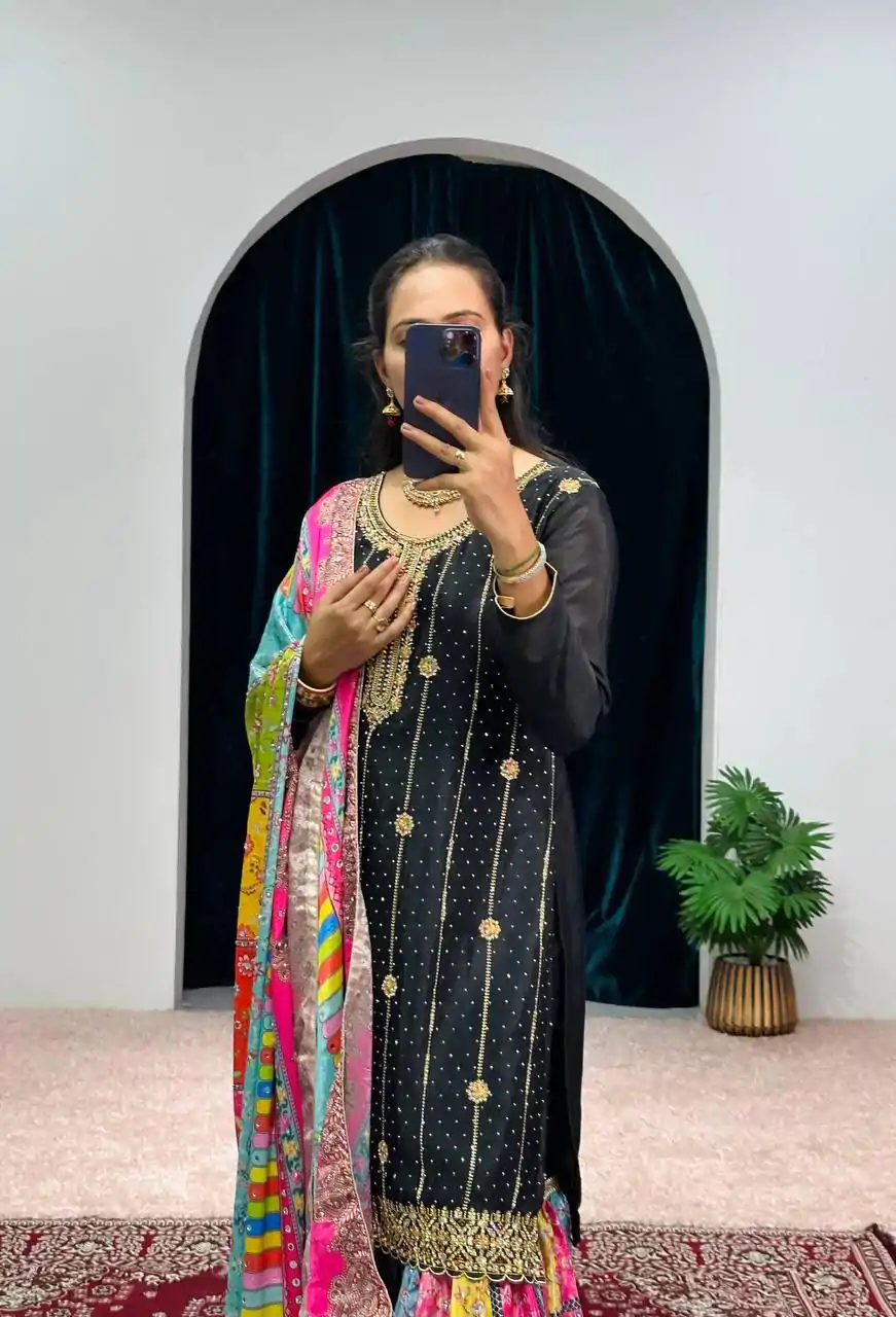 ST 1046 Black Color Chinon Embroidery Work Salwar Suit Casual, Wedding, Party, Festive, Events Etc. Expected Delivery 4-6 Working Days @2399/- | Jump Suits, Casual Suits, Creative suits, Designer Suits, Palazzo Suits, Party Wear Suits, Patiala Suits, Salwar suit, Straight Suits