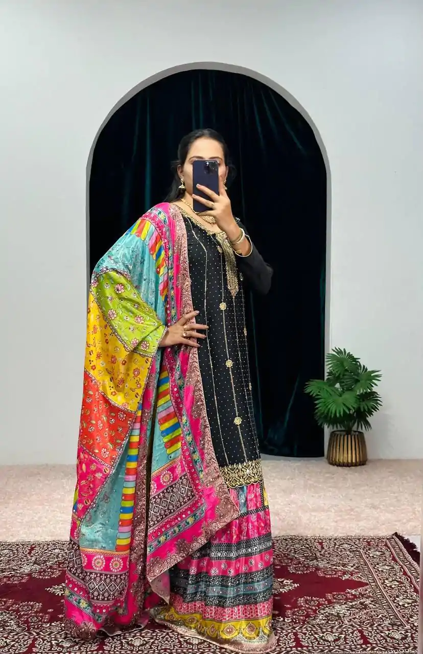 ST 1046 Black Color Chinon Embroidery Work Salwar Suit Casual, Wedding, Party, Festive, Events Etc. Expected Delivery 4-6 Working Days @2399/- | Jump Suits, Casual Suits, Creative suits, Designer Suits, Palazzo Suits, Party Wear Suits, Patiala Suits, Salwar suit, Straight Suits