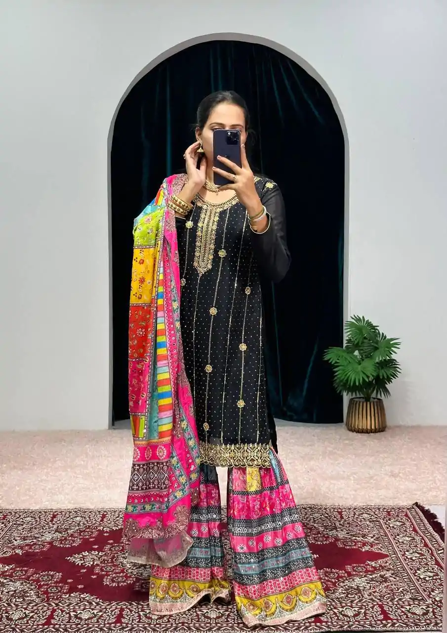 ST 1046 Black Color Chinon Embroidery Work Salwar Suit Casual, Wedding, Party, Festive, Events Etc. Expected Delivery 4-6 Working Days @2399/- | Jump Suits, Casual Suits, Creative suits, Designer Suits, Palazzo Suits, Party Wear Suits, Patiala Suits, Salwar suit, Straight Suits
