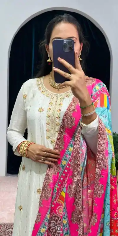 ST 1046 White Color Chinon Embroidery Work Salwar Suit Casual, Wedding, Party, Festive, Events Etc. Expected Delivery 4-6 Working Days @2399/- | Jump Suits, Casual Suits, Creative suits, Designer Suits, Palazzo Suits, Party Wear Suits, Patiala Suits, Salwar suit, Straight Suits