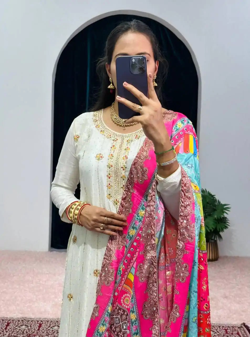 ST 1046 White Color Chinon Embroidery Work Salwar Suit Casual, Wedding, Party, Festive, Events Etc. Expected Delivery 4-6 Working Days @2399/- | Jump Suits, Casual Suits, Creative suits, Designer Suits, Palazzo Suits, Party Wear Suits, Patiala Suits, Salwar suit, Straight Suits