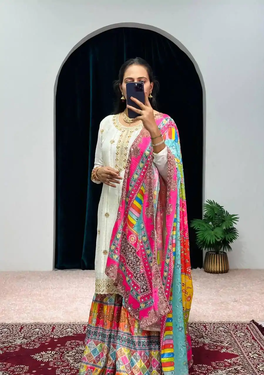 ST 1046 White Color Chinon Embroidery Work Salwar Suit Casual, Wedding, Party, Festive, Events Etc. Expected Delivery 4-6 Working Days @2399/- | Jump Suits, Casual Suits, Creative suits, Designer Suits, Palazzo Suits, Party Wear Suits, Patiala Suits, Salwar suit, Straight Suits