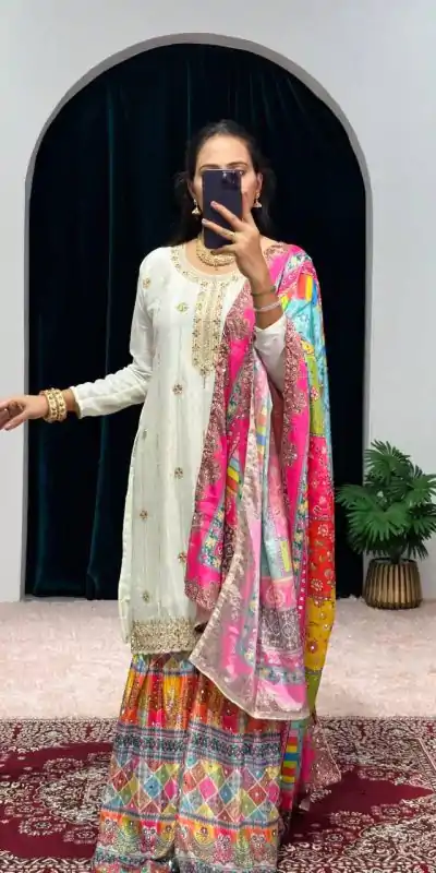 ST 1046 White Color Chinon Embroidery Work Salwar Suit Casual, Wedding, Party, Festive, Events Etc. Expected Delivery 4-6 Working Days @2399/- | Jump Suits, Casual Suits, Creative suits, Designer Suits, Palazzo Suits, Party Wear Suits, Patiala Suits, Salwar suit, Straight Suits