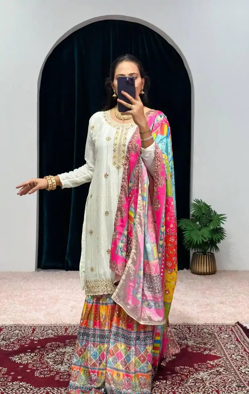 ST 1046 White Color Chinon Embroidery Work Salwar Suit Casual, Wedding, Party, Festive, Events Etc. Expected Delivery 4-6 Working Days @2399/- | Jump Suits, Casual Suits, Creative suits, Designer Suits, Palazzo Suits, Party Wear Suits, Patiala Suits, Salwar suit, Straight Suits