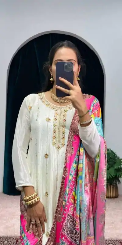 ST 1046 White Color Chinon Embroidery Work Salwar Suit Casual, Wedding, Party, Festive, Events Etc. Expected Delivery 4-6 Working Days @2399/- | Jump Suits, Casual Suits, Creative suits, Designer Suits, Palazzo Suits, Party Wear Suits, Patiala Suits, Salwar suit, Straight Suits