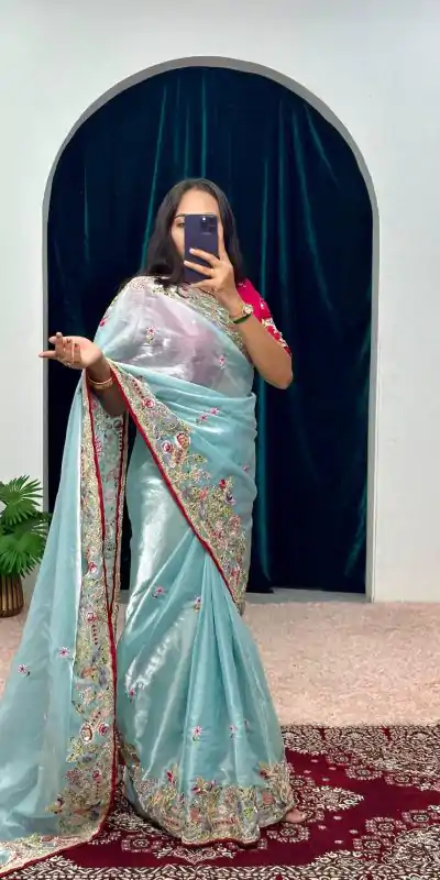 ST 474 Blue Color Jimmy Choo Embroidery Sequins Saree Casual, Wedding, Party, Festive, Events Etc. Expected Delivery 4-6 Working Days @2449/- | Bollywood Sarees, Creative Sarees, Designer Sarees, Embroidered Sarees, Ethnic Saree, Modern Digital sarees, Party Wear Sarees, Sarees
