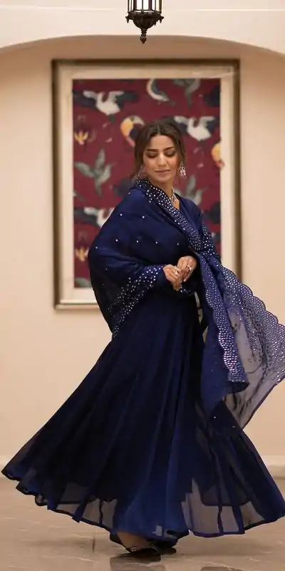 ZF 379 Navy Blue Color Georgette Embroidery Sequence Gown Casual, Wedding, Party, Festive, Events Etc. Expected Delivery 4-6 Working Days @1999/- | Bollywood Gowns, Creative Gowns, Designer Gowns, Embroidered Gowns, Gowns, Party Wear Gowns