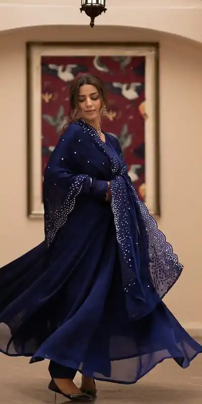 ZF 379 Navy Blue Color Georgette Embroidery Sequence Gown Casual, Wedding, Party, Festive, Events Etc. Expected Delivery 4-6 Working Days @1999/- | Bollywood Gowns, Creative Gowns, Designer Gowns, Embroidered Gowns, Gowns, Party Wear Gowns