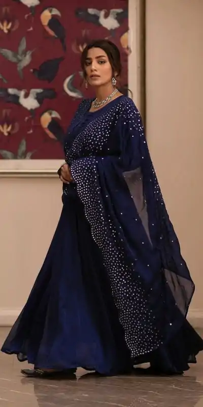 ZF 379 Navy Blue Color Georgette Embroidery Sequence Gown Casual, Wedding, Party, Festive, Events Etc. Expected Delivery 4-6 Working Days @1999/- | Bollywood Gowns, Creative Gowns, Designer Gowns, Embroidered Gowns, Gowns, Party Wear Gowns