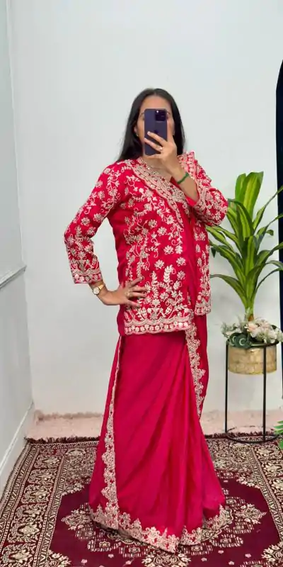 ST 1054 Pink Color Chinon Embroidery Work Koti And Saree Casual, Wedding, Party, Festive, Events Etc. Expected Delivery 4-6 Working Days @2399/- | Bollywood Sarees, Creative Sarees, Designer Sarees, Embroidered Sarees, Ethnic Saree, Modern Digital sarees, Party Wear Sarees, Sarees