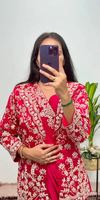 ST 1054 Pink Color Chinon Embroidery Work Koti And Saree Casual, Wedding, Party, Festive, Events Etc. Expected Delivery 4-6 Working Days @2399/- | Bollywood Sarees, Creative Sarees, Designer Sarees, Embroidered Sarees, Ethnic Saree, Modern Digital sarees, Party Wear Sarees, Sarees
