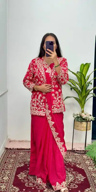 ST 1054 Pink Color Chinon Embroidery Work Koti And Saree Casual, Wedding, Party, Festive, Events Etc. Expected Delivery 4-6 Working Days @2399/- | Bollywood Sarees, Creative Sarees, Designer Sarees, Embroidered Sarees, Ethnic Saree, Modern Digital sarees, Party Wear Sarees, Sarees