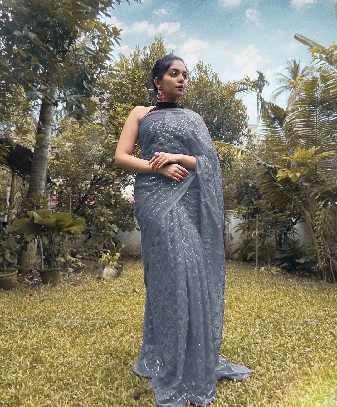 KT 201 Cement Color Georgette Fancy Sequence Work Saree Casual, Party Wear, Wedding   Expected Delivery 4-6 Working Days@1649/- | Bollywood Sarees, Creative Sarees, Designer Sarees, Embroidered Sarees, Party Wear Sarees, Sarees