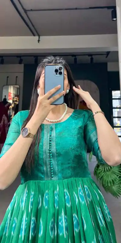 YNF 5010 Green Color Dola Silk Printed with Zari Border Gown Casual, Wedding, Festive, Events, Designer Party Wear, Delivery 4-6 Working Days @1749 | Bollywood Gowns, Creative Gowns, Designer Gowns, Embroidered Gowns, Gowns, Party Wear Gowns