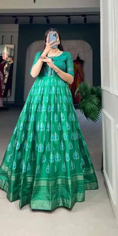 YNF 5010 Green Color Dola Silk Printed with Zari Border Gown Casual, Wedding, Festive, Events, Designer Party Wear, Delivery 4-6 Working Days @1749 | Bollywood Gowns, Creative Gowns, Designer Gowns, Embroidered Gowns, Gowns, Party Wear Gowns