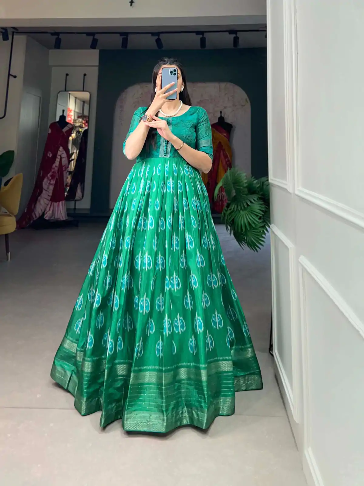YNF 5010 Green Color Dola Silk Printed with Zari Border Gown Casual, Wedding, Festive, Events, Designer Party Wear, Delivery 4-6 Working Days @1749 | Bollywood Gowns, Creative Gowns, Designer Gowns, Embroidered Gowns, Gowns, Party Wear Gowns