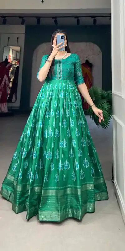 YNF 5010 Green Color Dola Silk Printed with Zari Border Gown Casual, Wedding, Festive, Events, Designer Party Wear, Delivery 4-6 Working Days @1749 | Bollywood Gowns, Creative Gowns, Designer Gowns, Embroidered Gowns, Gowns, Party Wear Gowns