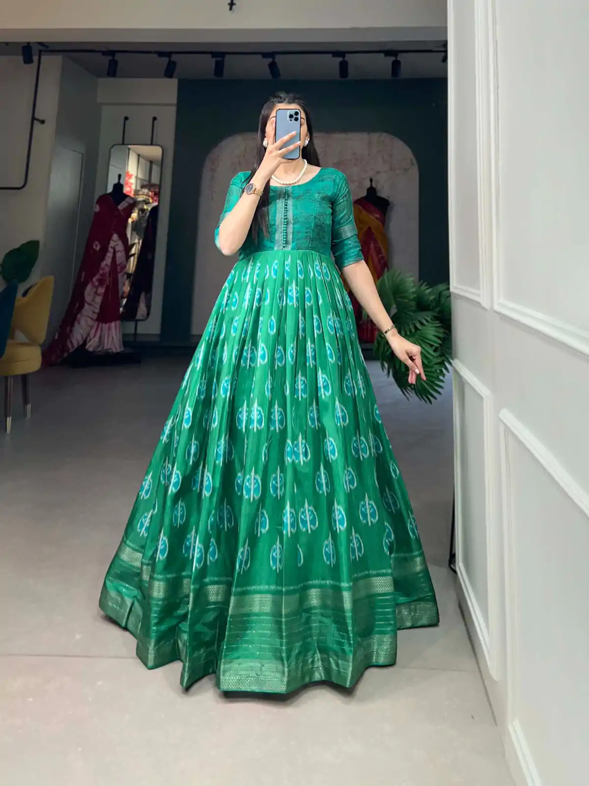 YNF 5010 Green Color Dola Silk Printed with Zari Border Gown Casual, Wedding, Festive, Events, Designer Party Wear, Delivery 4-6 Working Days @1749 | Bollywood Gowns, Creative Gowns, Designer Gowns, Embroidered Gowns, Gowns, Party Wear Gowns