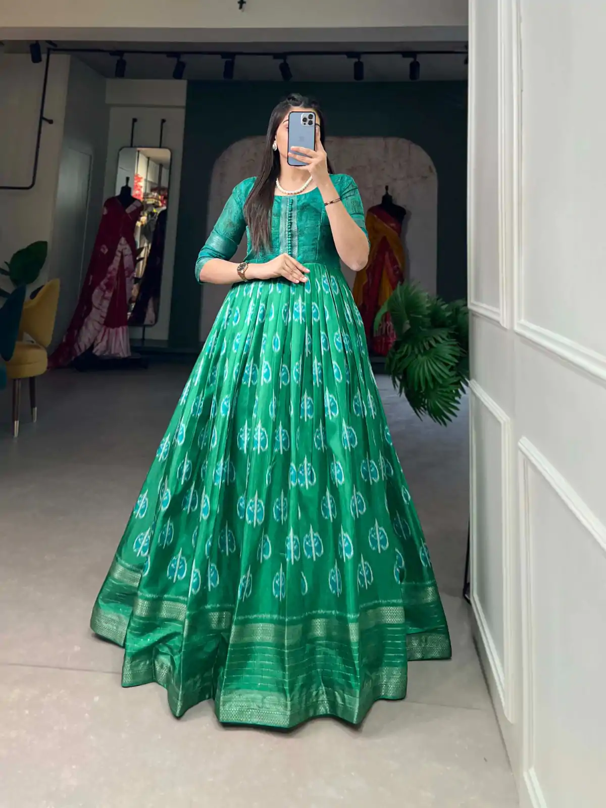 YNF 5010 Green Color Dola Silk Printed with Zari Border Gown Casual, Wedding, Festive, Events, Designer Party Wear, Delivery 4-6 Working Days @1749 | Bollywood Gowns, Creative Gowns, Designer Gowns, Embroidered Gowns, Gowns, Party Wear Gowns