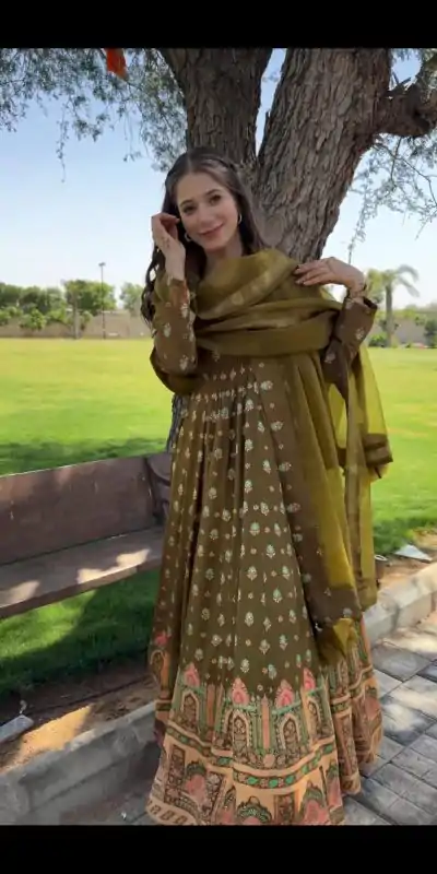 KD 1467 Mehndi Faux Georgette Thread Anarkali Suit Casual, Party, Wedding, Festive, Events Etc.  Expected Delivery  4-6 Working Days @2399/- Only | Anarkali Suits, Bollywood Anarkali, Creative-Anarkali, Designer Anarkali, Embroidered Anarkali, Party Wear Anarkali