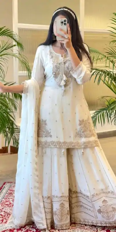 SRK 5169 White Color Pure Chinnon Silk Embroidery Sequence Salwar Suit Wedding, Party, Festive, Events Expected Delivery 4-6 Working Days @ 2099/- | Jump Suits, Casual Suits, Creative suits, Designer Suits, Palazzo Suits, Party Wear Suits, Patiala Suits, Salwar suit, Straight Suits