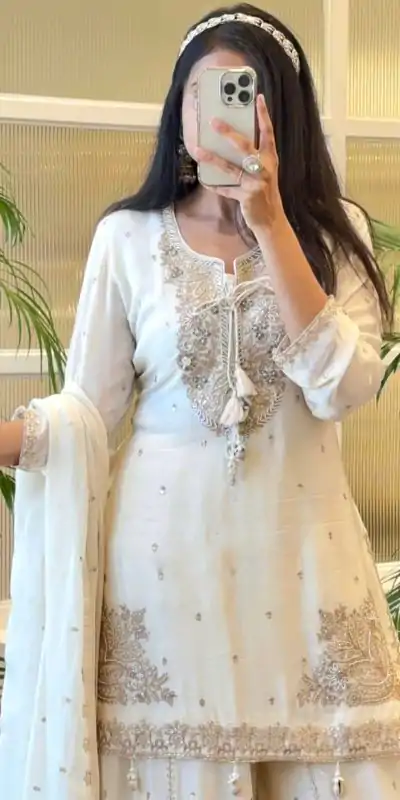 SRK 5169 White Color Pure Chinnon Silk Embroidery Sequence Salwar Suit Wedding, Party, Festive, Events Expected Delivery 4-6 Working Days @ 2099/- | Jump Suits, Casual Suits, Creative suits, Designer Suits, Palazzo Suits, Party Wear Suits, Patiala Suits, Salwar suit, Straight Suits