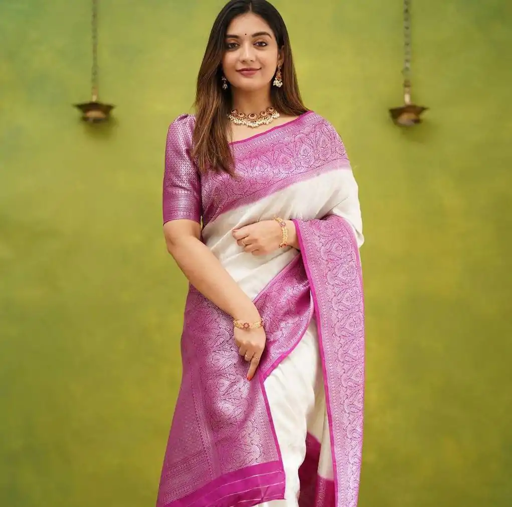 KP 5057 White Color Soft Lichi Silk Jacquard On All Over Saree Casual, Party Wear, Wedding, Events Etc. Expected Delivery 4-6 Working Days @1499/- | Bollywood Sarees, Creative Sarees, Designer Sarees, Embroidered Sarees, Ethnic Saree, Modern Digital sarees, Party Wear Sarees, Sarees