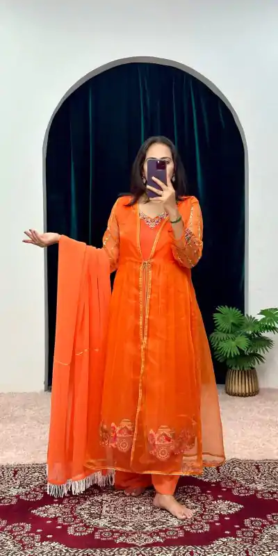ST 1052 Orange Color Chine Stitched Less Work Salwar Suit Casual, Wedding, Party, Festive, Events Etc. Expected Delivery 4-6 Working Days @2099/- | Casual Suits, Creative suits, Designer Suits, Palazzo Suits, Party Wear Suits, Patiala Suits, Salwar suit, Straight Suits
