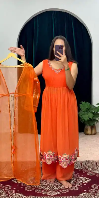 ST 1052 Orange Color Chine Stitched Less Work Salwar Suit Casual, Wedding, Party, Festive, Events Etc. Expected Delivery 4-6 Working Days @2099/- | Casual Suits, Creative suits, Designer Suits, Palazzo Suits, Party Wear Suits, Patiala Suits, Salwar suit, Straight Suits