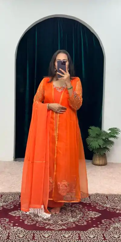 ST 1052 Orange Color Chine Stitched Less Work Salwar Suit Casual, Wedding, Party, Festive, Events Etc. Expected Delivery 4-6 Working Days @2099/- | Casual Suits, Creative suits, Designer Suits, Palazzo Suits, Party Wear Suits, Patiala Suits, Salwar suit, Straight Suits