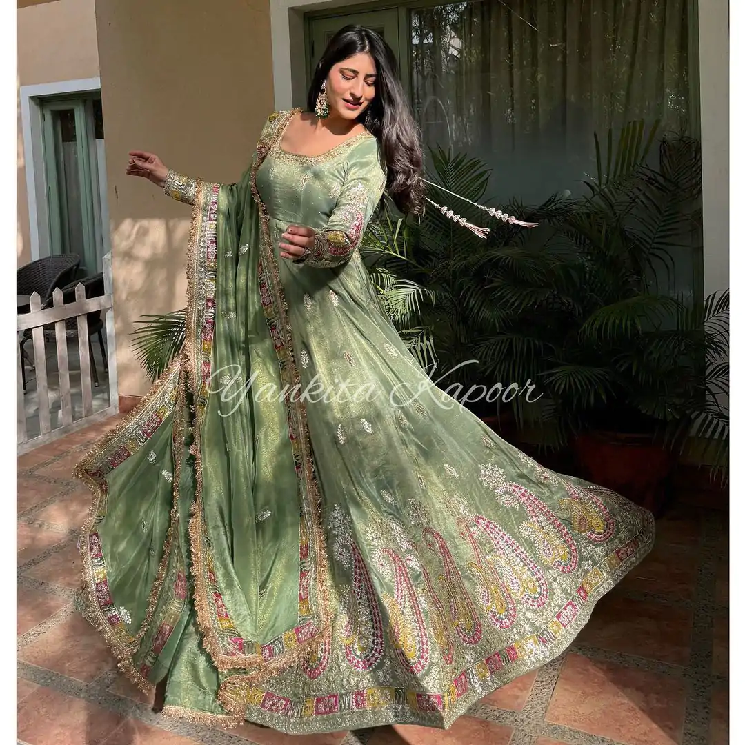 SR 1621 Pista Green Color Heavy Chinnon Embroidery Sequence Sharara Suit Wedding, Party, Festive, Events Etc. Expected Delivery 4-6 Working Days @2499 | Bollywood Gowns, Creative Gowns, Designer Gowns, Embroidered Gowns, Gowns, Party Wear Gowns