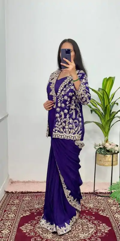 ST 1054 Royal Blue Color Chinon Embroidery Work Koti And Saree Casual, Wedding, Party, Festive, Events Etc. Expected Delivery 4-6 Working Days @2399/- | Bollywood Sarees, Creative Sarees, Designer Sarees, Embroidered Sarees, Ethnic Saree, Modern Digital sarees, Party Wear Sarees, Sarees