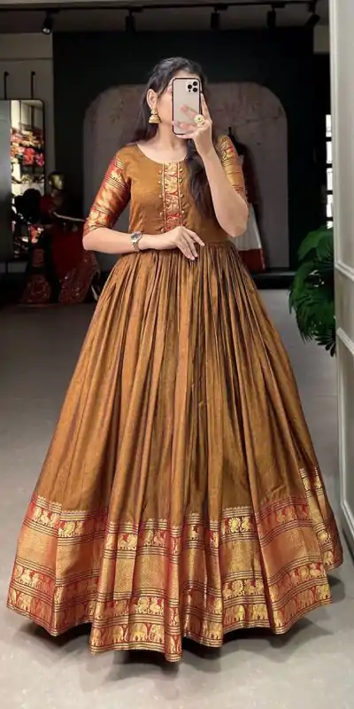 YNF 5313 Mustard Color Narayan Pet Zari Weaving Work Gown Casual, Wedding, Festive, Events, Designer Party Wear, Delivery 4-6 Working Days @1899 | Bollywood Gowns, Creative Gowns, Designer Gowns, Embroidered Gowns, Gowns, Party Wear Gowns