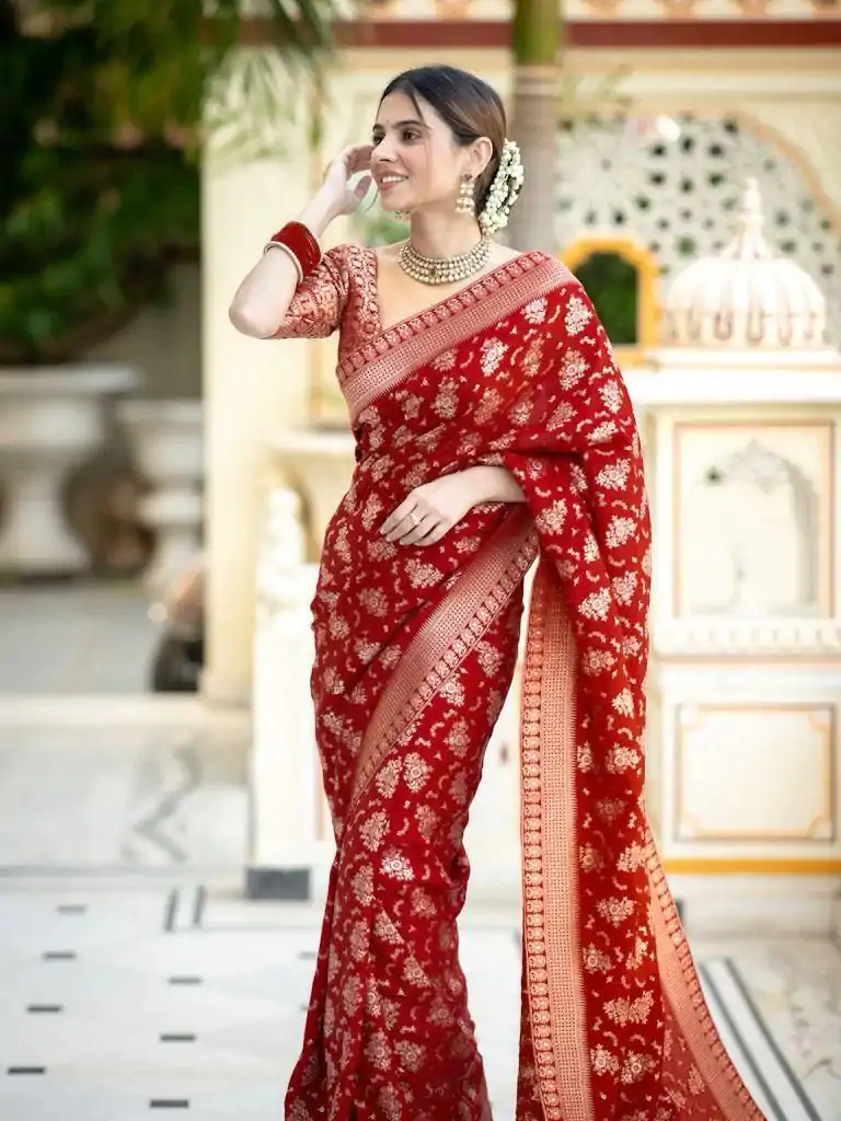 KP 5079 Red Color Soft Lichi Silk Jacquard On All Over Saree Casual, Party Wear, Wedding, Events Etc. Expected Delivery 4-6 Working Days @1449/- | Bollywood Sarees, Creative Sarees, Designer Sarees, Embroidered Sarees, Ethnic Saree, Modern Digital sarees, Party Wear Sarees, Sarees