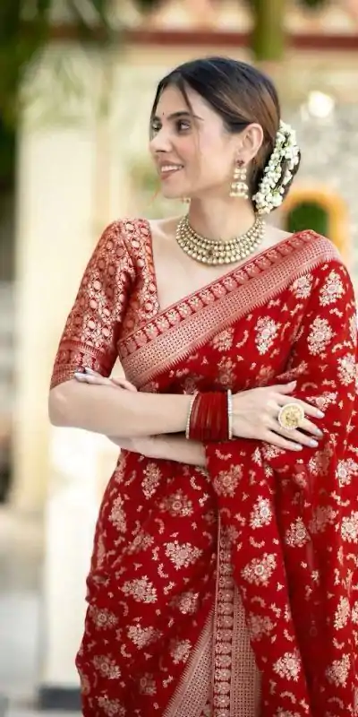 KP 5079 Red Color Soft Lichi Silk Jacquard On All Over Saree Casual, Party Wear, Wedding, Events Etc. Expected Delivery 4-6 Working Days @1449/- | Bollywood Sarees, Creative Sarees, Designer Sarees, Embroidered Sarees, Ethnic Saree, Modern Digital sarees, Party Wear Sarees, Sarees